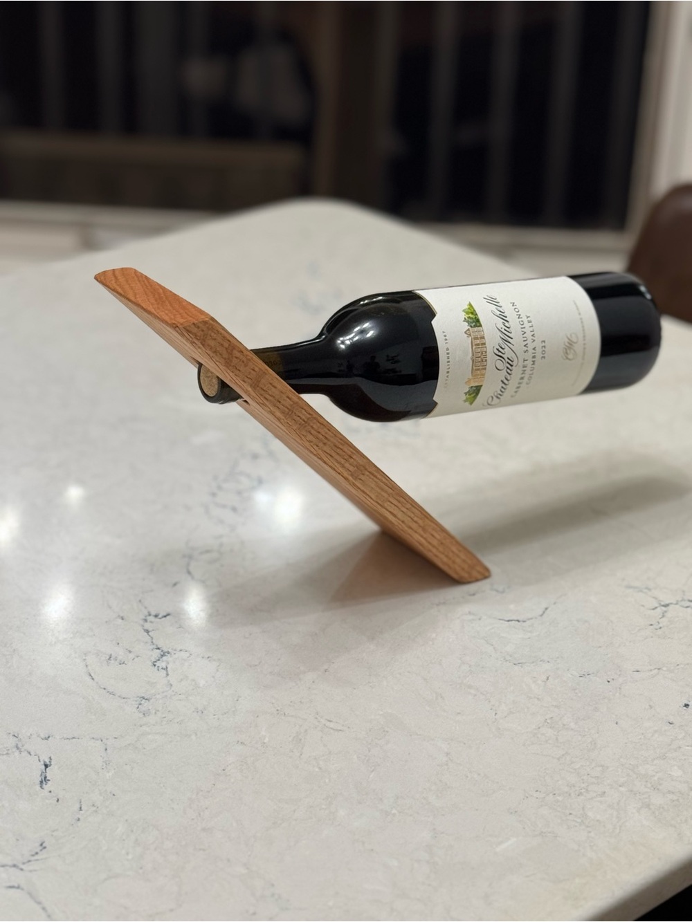 HandCrafted Floating Wine Bottle Stand - Red Oak Wood